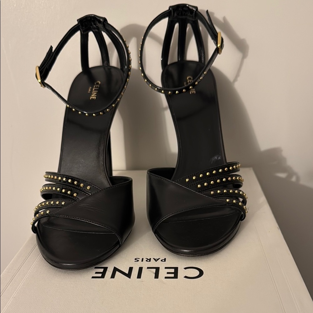 Celine Black and Gold Stiletto Heels with Strappy Design